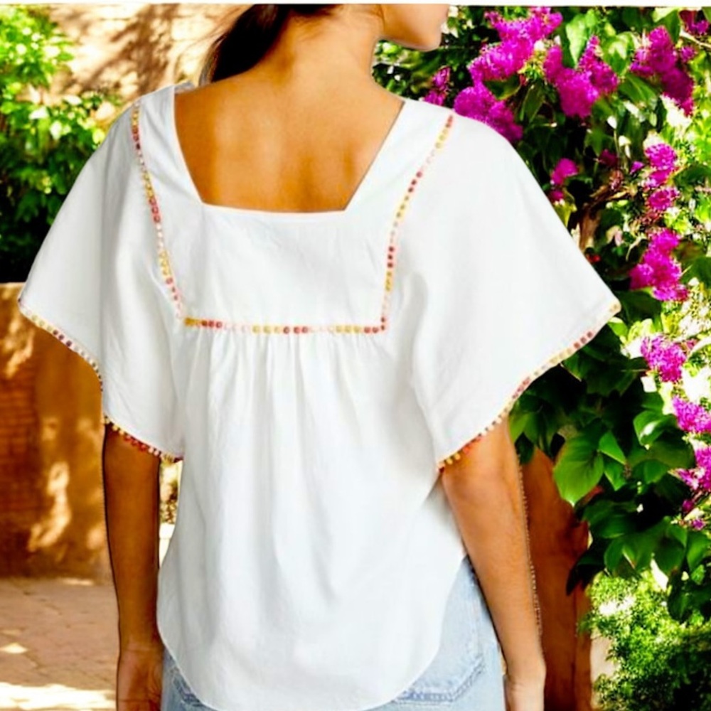 Madewell White‎ Pom Trim Boho Peasant Top Flutter Sleeve Cotton Blouse M